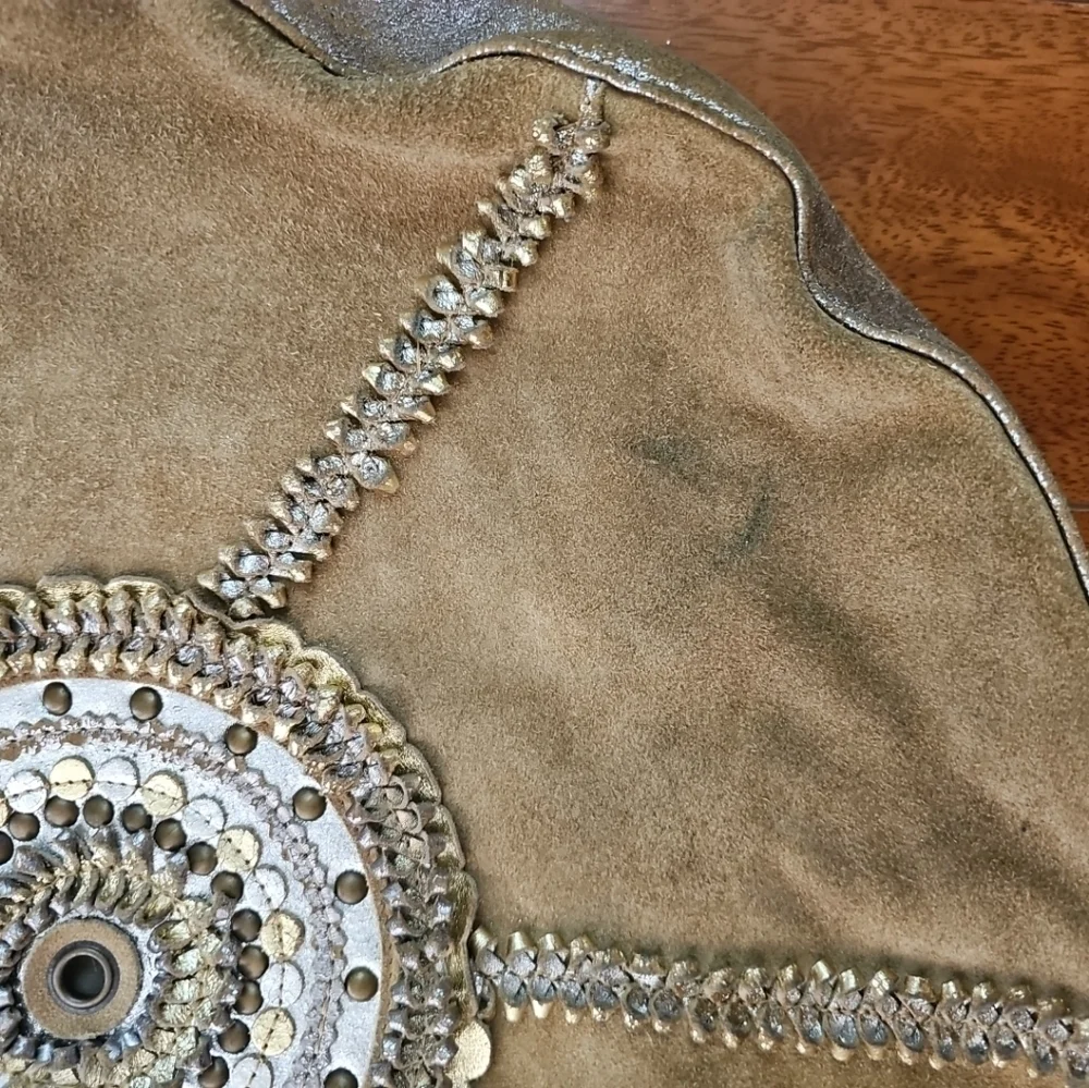 Vintage Chico’s Embellished Gold Leather Hobo Bag Unique Braid Handle